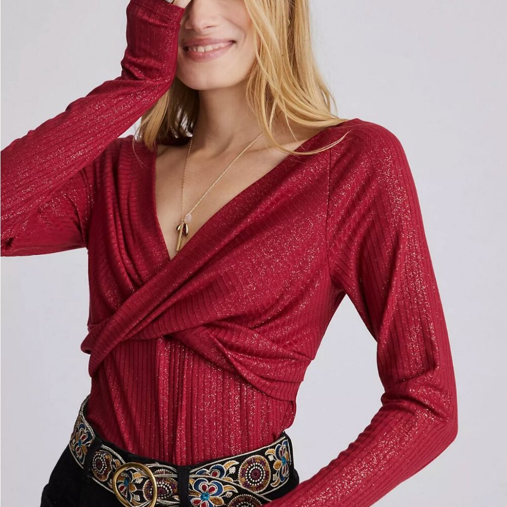 Anthropologie Red Asymmetrical Wrap Blouse